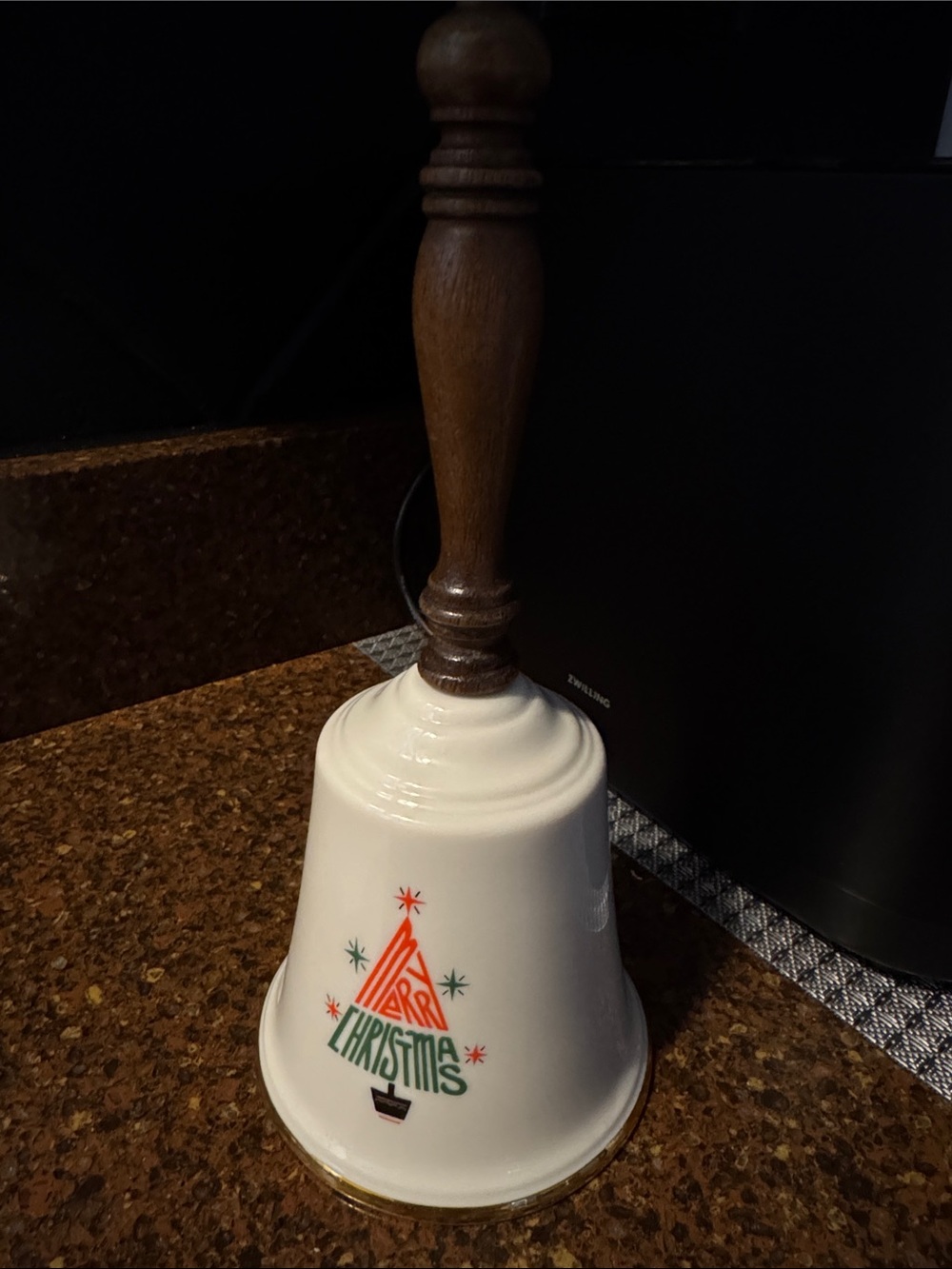Vintage Christmas Hand Bell with Wooden Handle - White Christmas Tree Design